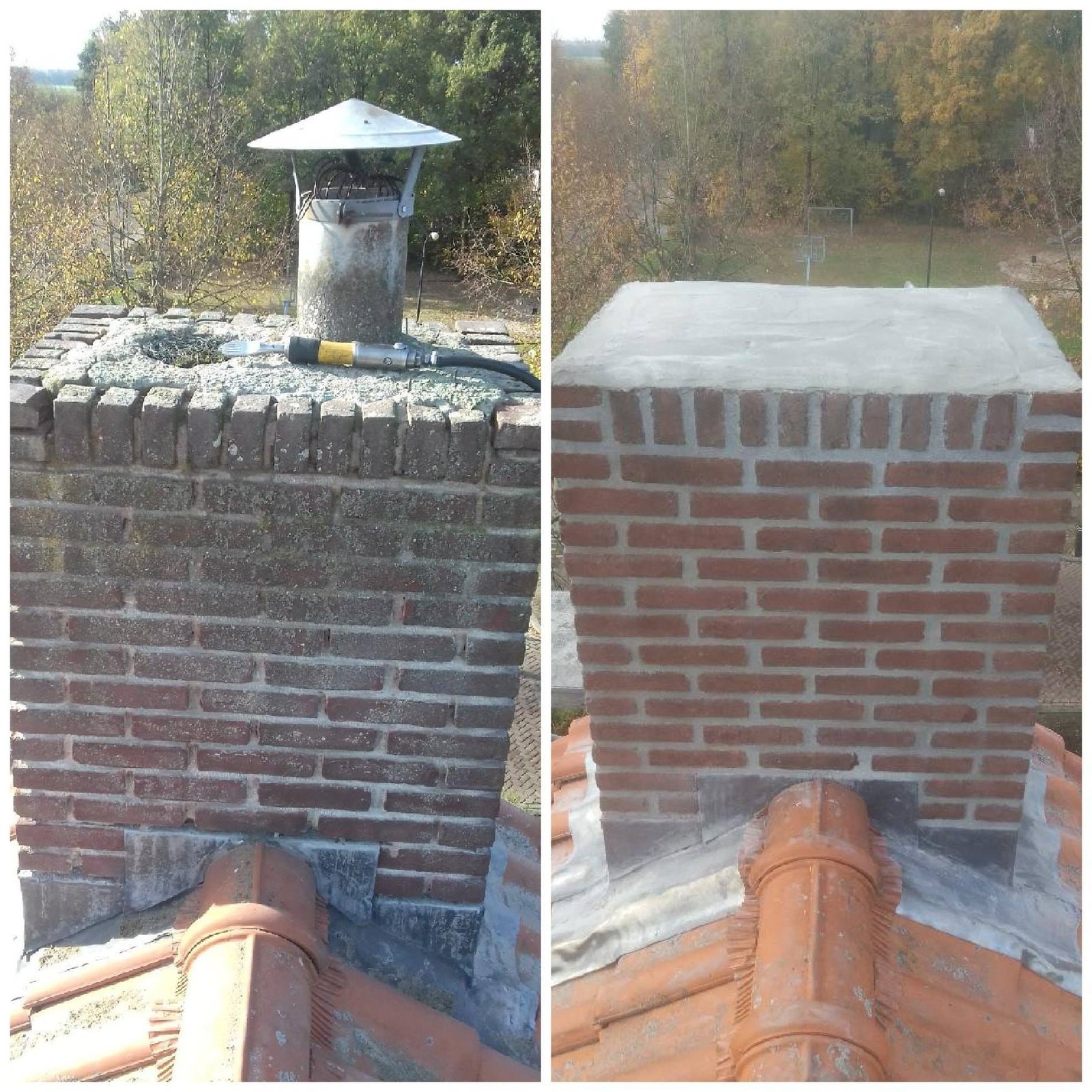 Schoorsteen en nieuw loodwerk aan de Grotestraat in Drunen